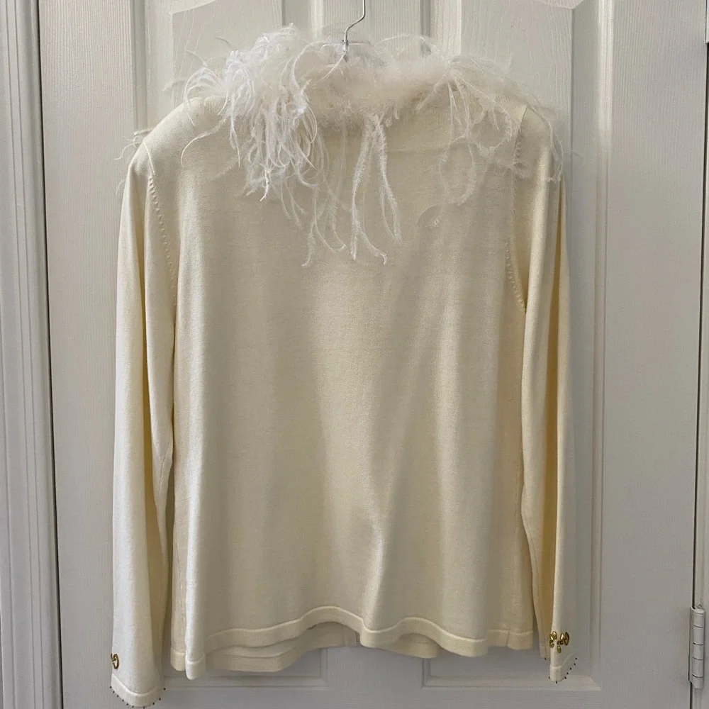 Elegant Cream and Gold Christmas Holiday Women's Sweater with Feather Trim - Picture 8 of 17